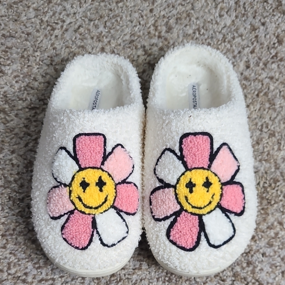 Aeropostale Fluffy Flower Slippers with Smiley Face.
